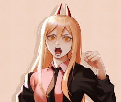 Rule 34 | 1girl, black jacket, black necktie, blonde hair, breasts, chainsaw man, clenched hand, commentary, cross-shaped pupils, czy (2894456992), fangs, hair between eyes, highres, horns, jacket, long hair, medium breasts, necktie, open mouth, orange eyes, power (chainsaw man), red horns, sidelocks, solo, symbol-shaped pupils, upper body