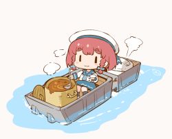 Rule 34 | 1girl, :3, blue neckerchief, blue ribbon, boat, bob cut, braid, chibi, cooking, curry, etorofu (kancolle), food, hanomido, hat, holding, holding spoon, kantai collection, long sleeves, neckerchief, plate, red hair, ribbon, rice cooker, sailor collar, school uniform, serafuku, side braid, simple background, sitting, solo, spoon, steam, thick eyebrows, twin braids, water, watercraft, white background