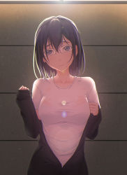 Rule 34 | 10s, 1girl, backlighting, black eyes, black hair, bra visible through clothes, bralines, closed mouth, collarbone, glasses, haikyuu!!, hair between eyes, lens flare, light particles, long sleeves, looking at viewer, mole, mole under mouth, off shoulder, rimless eyewear, see-through, shimizu kiyoko, shirt, short sleeves, slowpit, smile, solo, t-shirt, upper body, wall, wet, wet clothes, white shirt