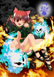 Rule 34 | 2girls, :3, animal ears, braid, cat ears, cat girl, cat tail, extra ears, female focus, fire, highres, kaenbyou rin, mary janes, multiple girls, multiple tails, no socks, one eye closed, puyocha, red eyes, red hair, shoes, tail, touhou, twin braids, twintails, zombie fairy (touhou)