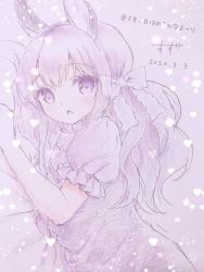 Rule 34 | 1girl, :o, animal ears, blush, bow, chitosezaka suzu, commentary request, dated, dress, hair between eyes, hair bow, heart, highres, long hair, looking at viewer, original, parted lips, puffy short sleeves, puffy sleeves, purple background, purple bow, purple dress, purple eyes, purple hair, purple theme, rabbit ears, short sleeves, solo, traditional media, translation request