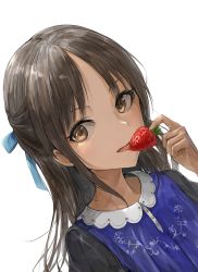 Rule 34 | 1girl, blue bow, blue dress, bow, brown eyes, brown hair, chan1moon, commentary request, dress, face, food, fruit, hair bow, highres, idolmaster, idolmaster cinderella girls, licking, long hair, looking at viewer, simple background, solo, strawberry, tachibana arisu, tongue, tongue out, white background