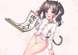 Rule 34 | 1girl, animal ears, blush, breasts, cat ears, cat tail, fang, floral background, francesca lucchini, green eyes, hair ornament, hair ribbon, hikotou (sao73cat), looking at viewer, no pants, open mouth, panties, ribbon, shiny skin, shirt, short hair, small breasts, smile, solo, strike witches, striped clothes, striped panties, tail, twintails, underwear, white shirt, world witches series