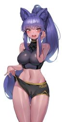 Rule 34 | 1girl, absurdres, alternate breast size, animal ears, blush, borrowed character, breasts, cameltoe, clothes pull, dark-skinned female, dark skin, fox ears, highres, long hair, looking at viewer, medium breasts, midriff, navel, no panties, open mouth, orange eyes, original, ponytail, purple hair, romana, short shorts, shorts, shorts pull, sidelocks, solo, white background