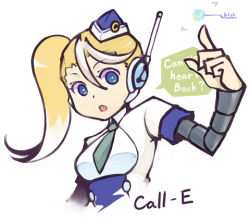 Rule 34 | 1girl, alternate color, blonde hair, blue eyes, call (mighty no. 9), call e, garrison cap, hat, headset, imaeda koji, joints, long hair, lowres, mighty no. 9, multicolored hair, necktie, robot, robot joints, side ponytail, solo, two-tone hair, white hair