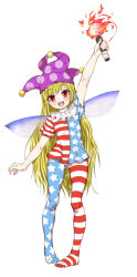 Rule 34 | 1girl, american flag dress, american flag legwear, arm up, bad id, bad pixiv id, blonde hair, blue wings, blush, cameltoe, clownpiece, colored eyelashes, fairy wings, fingernails, flat chest, hat, highres, jester cap, karasawa-40, long hair, multicolored wings, open mouth, pantyhose, pigeon-toed, red eyes, short sleeves, simple background, solo, striped clothes, striped pantyhose, teeth, toes, tongue, torch, touhou, transparent wings, very long hair, white background, wings