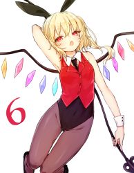 Rule 34 | 1girl, alternate costume, animal ears, arm up, bare arms, blonde hair, brown pantyhose, covered navel, crystal, detached collar, fake animal ears, fang, flandre scarlet, highleg, honotai, laevatein, leotard, looking at viewer, necktie, open mouth, pantyhose, playboy bunny, rabbit ears, red eyes, short hair, side ponytail, simple background, sleeveless, solo, touhou, vest, white background, wings, wrist cuffs