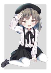 Rule 34 | 1girl, :d, arm up, beret, between legs, black bow, black footwear, black hat, black skirt, blush, bow, brown eyes, brown hair, collared shirt, commentary request, esureki, fangs, flower, hair flower, hair ornament, hair rings, hand between legs, hat, hatoba tsugu, highres, loafers, long sleeves, looking at viewer, mole, mole under eye, open mouth, pantyhose, pleated skirt, rose, shirt, shoes, skirt, smile, solo, suspender skirt, suspenders, virtual youtuber, white flower, white pantyhose, white rose, white shirt