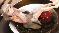 Rule 34 | 1girl, :&gt;, ankle strap, bare arms, bare shoulders, barefoot, blurry, bowl, chopsticks, closed mouth, collarbone, depth of field, dong jin meng mi, dress, fingernails, fingers together, food, frilled dress, frills, from above, fruit, grass hair ornament, green eyes, hair ornament, hands up, highres, in bowl, in container, in food, ina (inadiary), long hair, looking at viewer, mini person, minigirl, nori (seaweed), partially submerged, seed, short dress, sidelocks, silver hair, sitting, sleeveless, sleeveless dress, smile, solo, soup, sui kyi, twintails, umeboshi, white dress
