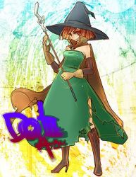 Rule 34 | black footwear, boots, cape, chunsoft, dragon quest, dragon quest iii, dress, enix, gloves, green dress, hat, high heel boots, high heels, looking at viewer, mage (dq3), red eyes, red hair, smile, staff, tagme, torn clothes, witch hat