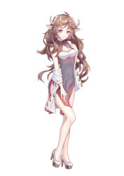 Rule 34 | 1girl, absurdres, arknights, bad id, bad pixiv id, breasts, brown hair, china dress, chinese clothes, cleavage, cleavage cutout, clothing cutout, dress, eyjafjalla (arknights), floating hair, full body, grey dress, high heels, highres, horns, kirby d a, long hair, parted lips, purple eyes, sash, side slit, simple background, sleeveless, sleeveless dress, small breasts, solo, standing, very long hair, white background