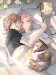 2boys alternate_costume animal animalization black_shirt cat couple cuddling curtains daisy ensemble_stars! flower foliage from_above half-closed_eyes hand_on_own_arm head_on_pillow highres indoors light_frown light_particles looking_to_the_side male_focus mikejima_madara morning multiple_boys oukawa_kohaku person_and_animalization see-through_curtains sheesixp shirt short_sleeves side-by-side sideways_glance sleeping stuffed_animal stuffed_cat stuffed_toy sunlight t-shirt under_covers waking_up white_shirt yaoi