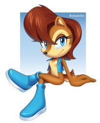 Rule 34 | 1girl, animal ears, animal nose, artist name, blue eyes, blue footwear, blue jacket, boots, brown fur, eyelashes, furry, furry female, highres, jacket, looking at viewer, red hair, s3tok41b4, sally acorn, simple background, solo, sonic (series), sonic the hedgehog (archie comics), tail, white background