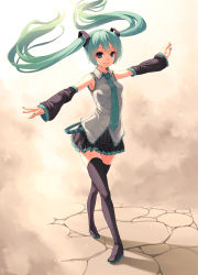 Rule 34 | 1girl, boots, crack, detached sleeves, fkey, hatsune miku, highres, nail polish, smile, solo, thigh boots, thighhighs, vocaloid, zettai ryouiki