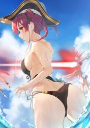 Rule 34 | 3girls, absurdres, animal ears, ass, bikini, black bikini, black headwear, blue sky, breasts, closed mouth, cloud, day, from behind, hair ribbon, hat, highres, hololive, houshou marine, kaoswald, large breasts, looking back, medium hair, multiple girls, ocean, one-piece swimsuit, out of frame, outdoors, pirate hat, profile, rabbit ears, red eyes, red hair, revision, ribbon, side-tie bikini bottom, sky, smile, solo focus, swimsuit, twintails, twisted torso, usada pekora, virtual youtuber, wading, water, wet, white one-piece swimsuit