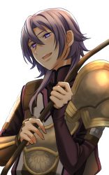 Rule 34 | 1boy, armor, blush, bow (weapon), fire emblem, fire emblem echoes: shadows of valentia, highres, kakiko210, leon (fire emblem echoes), long hair, male focus, nintendo, open mouth, portrait, purple eyes, purple hair, simple background, solo, weapon, white background