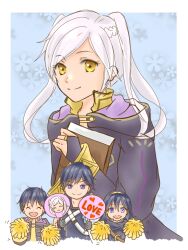 Rule 34 | 2boys, 2girls, age difference, artist request, blue eyes, blue hair, book, brown eyes, chibi, chibi inset, child, chrom (fire emblem), clenched hand, closed eyes, coat, eyelashes, facing viewer, family, father and daughter, female focus, fingerless gloves, fire emblem, fire emblem awakening, fire emblem heroes, flat chest, floral background, gloves, hair between eyes, hand up, hands up, happy, height difference, highres, holding, holding book, hood, hooded coat, hugging book, hugging object, intelligent systems, long hair, long sleeves, looking at viewer, lucina (fire emblem), matching hair/eyes, morgan (fire emblem), morgan (male) (fire emblem), mother and son, motion lines, multiple boys, multiple girls, neck, nintendo, open mouth, parted bangs, pom pom (cheerleading), robin (female) (fire emblem), robin (fire emblem), short hair, sidelocks, standing, symbol in eye, tiara, toned, toned male, twintails, white hair