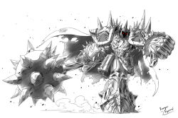 Rule 34 | 1boy, armor, cape, glowing, glowing eyes, greyscale, helmet, league of legends, mace, male focus, monochrome, mordekaiser, no pupils, ranger squirrel, red eyes, signature, solo, spikes, thumbs down, weapon