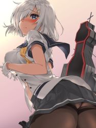 Rule 34 | 1girl, ass, black pantyhose, blue eyes, breasts, cowboy shot, from behind, gloves, gradient background, grey skirt, hair ornament, hair over one eye, hairclip, hamakaze (kancolle), kantai collection, large breasts, looking at viewer, looking back, machinery, neck ribbon, pantyhose, pleated skirt, rigging, school uniform, serafuku, short hair, silver hair, skirt, solo, undone neck ribbon, white gloves, yellow neckwear, youmou usagi