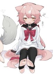 Rule 34 | 2girls, :o, animal ear fluff, animal ears, ass, barefoot, black collar, black sailor collar, black thighhighs, blush, bow, collar, commentary, dress, fang, fenrir (fenriluuu), flying sweatdrops, hair between eyes, highres, long hair, long sleeves, looking at viewer, mole, mole under eye, multiple girls, no shoes, open mouth, orange eyes, original, pink hair, red bow, sailor collar, simple background, sleeves past fingers, sleeves past wrists, soles, solo focus, stirrup legwear, symbol-only commentary, tail, thighhighs, toeless legwear, translation request, very long hair, white background, white dress, zzz
