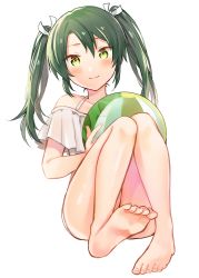 Rule 34 | 1girl, anbutter siruko, ball, barefoot, beachball, bikini, collarbone, commentary request, full body, green hair, hair ribbon, kantai collection, light smile, long hair, looking at viewer, ribbon, simple background, smile, solo, swimsuit, twintails, white background, white bikini, white ribbon, yellow eyes, zuikaku (kancolle)