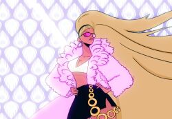 Rule 34 | 1girl, blonde hair, breasts, cleavage, coat, destripando la historia, ear piercing, earrings, feet out of frame, fur coat, hand on own hip, headband, hera (destripando la historia), jewelry, long hair, looking to the side, medium breasts, open clothes, open coat, piercing, pink background, skirt, solo, sports bra, sunglasses, tan, var stark, very long hair