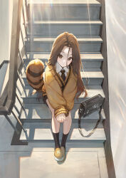 Rule 34 | 1girl, absurdres, bag, black bag, black necktie, black socks, brown cardigan, brown eyes, brown hair, brown skirt, cardigan, closed mouth, collared shirt, commentary request, forehead, from above, full body, head tilt, highres, jewelry, long hair, looking at viewer, loose hair strand, necktie, nikki l, original, own hands together, pleated skirt, railing, red panda, red panda girl, red panda tail, ring, school bag, shirt, sitting, sitting on stairs, skirt, slippers, socks, solo, stairs, very long hair, white shirt
