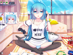 Rule 34 | 1girl, ahoge, bag of chips, bed, bilibili, blue eyes, blue hair, blue sky, brand name imitation, cactus, can, cellphone, character name, chips (food), clock, coca-cola, collarbone, commentary, controller, digital clock, drink can, fish, fish bone, food, game controller, hatsune miku, highres, holding, holding controller, holding phone, hwh666, indoors, jewelry, long hair, looking at viewer, open mouth, panties, pepsi, phone, pillow, plant, popcorn, potato chips, potted plant, radiation symbol, ring, room, shirt, sky, smartphone, soda can, striped clothes, striped panties, t-shirt, talking on phone, thighhighs, tissue box, underwear, very long hair, vocaloid, window