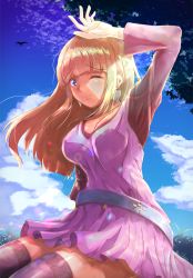 Rule 34 | 1girl, belt, bird, black belt, blonde hair, blue eyes, blunt bangs, blush, breasts, cleavage, closed mouth, cloud, commentary request, cowboy shot, dress, earrings, grass, heart, heart earrings, highres, jewelry, large breasts, lens flare, long hair, long sleeves, looking at viewer, monica (romancing saga 3), one eye closed, pinafore dress, pink dress, purple thighhighs, red shirt, reihou19, romancing saga 3, saga, shiny skin, shirt, signature, sleeveless dress, smile, solo, thighhighs