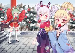 Rule 34 | 3girls, :o, akashi (akashi&#039;s in the red nya!) (azur lane), akashi (azur lane), animal ear fluff, animal ears, arms up, azur lane, bell, black footwear, black gloves, blonde hair, blue kimono, blue sky, bow, brown-framed eyewear, candy apple, cat ears, closed eyes, commentary request, day, double bun, eldridge (azur lane), eldridge (new year&#039;s outing) (azur lane), facial mark, floral print, flower, food, frilled kimono, frills, fur collar, glasses, gloves, green hair, hair bell, hair between eyes, hair bow, hair bun, hair ornament, hairband, half gloves, holding, holding food, japanese clothes, jingle bell, kimono, kokone (coconeeeco), laffey (azur lane), laffey (snow rabbit and candy apple) (azur lane), licking, long sleeves, looking at viewer, looking to the side, multiple girls, obi, open mouth, outdoors, parted lips, pink flower, print kimono, rabbit ears, red bow, red eyes, red flower, red hairband, red kimono, ribbon-trimmed legwear, ribbon trim, sandals, sash, short kimono, sidelocks, silver hair, single hair bun, sky, sleeves past fingers, sleeves past wrists, stairs, stone stairs, thighhighs, tongue, tongue out, v-shaped eyebrows, white bow, white legwear, wide sleeves, zouri