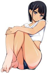 Rule 34 | 1girl, bare arms, bare legs, bare shoulders, barefoot, black hair, blue shorts, blush, closed mouth, crossed ankles, feet, feet together, foreshortening, full body, grey eyes, hands on own knees, head tilt, highres, looking at viewer, matsunaga kouyou, off shoulder, original, ponytail, shiny skin, shirt, short hair, shorts, simple background, sitting, sleeveless, smile, solo, tan, tank top, tanline, toe scrunch, toes, white background, white shirt