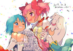 Rule 34 | 2019, 2girls, :d, ;), bad id, bad pixiv id, bare shoulders, blue eyes, blue footwear, blue hair, blurry, blush, bokeh, boots, breasts, bubble skirt, buttons, carrying, choker, clenched teeth, collarbone, confetti, dated, depth of field, detached sleeves, frilled legwear, frilled skirt, frills, gloves, grin, hair ribbon, hand on another&#039;s thigh, hand on another&#039;s waist, heart, kaname madoka, kirikuchi riku, looking at another, mahou shoujo madoka magica, mahou shoujo madoka magica (anime), miki sayaka, multiple girls, no nose, one eye closed, open mouth, pink eyes, pink hair, princess carry, puffy short sleeves, puffy sleeves, red choker, red footwear, red ribbon, ribbon, short hair, short sleeves, short twintails, simple background, skirt, small breasts, smile, socks, soul gem, sparkle, teeth, translation request, twintails, white background, white footwear, white gloves, white skirt