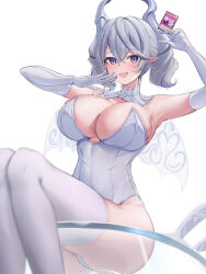 Rule 34 | 1girl, absurdres, against glass, armpits, arms up, ass, blurry, blush, breasts, card, cleavage, crossed bangs, depth of field, detached collar, duel monster, elbow gloves, from below, glass table, gloves, grey hair, grey leotard, hair between eyes, hands up, highres, horns, lady labrynth of the silver castle, large breasts, leotard, looking at viewer, lovely labrynth of the silver castle, neko punch (user hddm3373), open mouth, playing card, pointy ears, purple eyes, short twintails, simple background, sitting, sitting on table, smile, solo, table, thighhighs, twintails, white background, white gloves, wings, yu-gi-oh!