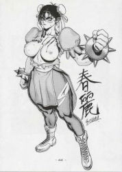Rule 34 | 1girl, angry, antenna hair, blood, boots, bracelet, breasts, breasts out, bun cover, capcom, china dress, chinese clothes, chun-li, clenched hand, double bun, dress, fighting stance, foreshortening, frown, hair bun, injury, jewelry, large breasts, legs, looking at viewer, monochrome, muscular, nipples, no bra, open clothes, open shirt, outstretched arm, pantyhose, ribbon, sash, scan, shirt, short dress, short hair, side slit, signature, solo, spiked bracelet, spikes, standing, street fighter, sweat, thick thighs, thighs, torn clothes, torn pantyhose, traditional media, tsukasa jun