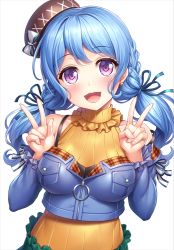 Rule 34 | 1girl, :d, alternate hairstyle, bang dream!, black hat, blue hair, blue jacket, blue ribbon, blush, bow, braid, breast pocket, breasts, double v, earrings, frilled shirt collar, frilled sleeves, frills, hair ribbon, hat, hat bow, jacket, jewelry, lambda (kusowarota), long hair, long sleeves, looking at viewer, matsubara kanon, medium breasts, off-shoulder jacket, off shoulder, open mouth, pocket, purple eyes, ribbed sweater, ribbon, simple background, sleeve ribbon, sleeveless, sleeveless sweater, smile, solo, strap slip, sweater, twintails, upper body, v, white background, white bow, white ribbon, yellow sweater, zipper pull tab