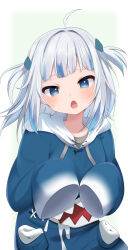 Rule 34 | 1girl, absurdres, ahoge, animal costume, blue hair, blue hoodie, blunt bangs, blush, gawr gura, gawr gura (1st costume), hair ornament, highres, hololive, hololive english, hood, hoodie, looking at viewer, medium hair, multicolored hair, open mouth, shark costume, shark hair ornament, shuka (imagesyurrrr), sidelocks, sleeves past fingers, sleeves past wrists, solo, streaked hair, two side up, virtual youtuber, white background, white hair