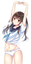 Rule 34 | 1girl, arms up, blue neckerchief, blue sailor collar, blush, brown eyes, brown hair, burenbo, closed mouth, commentary request, cowboy shot, crop top, crop top overhang, gluteal fold, head tilt, highres, legs apart, long hair, navel, neckerchief, no pants, original, panties, sailor collar, school uniform, serafuku, shirt, short sleeves, sidelocks, simple background, solo, standing, stomach, stretching, thighs, twintails, underwear, wavy mouth, white background, white panties, white shirt