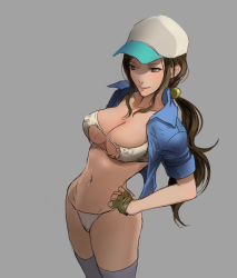 Rule 34 | 1girl, baseball cap, bikini, breasts, brown eyes, brown hair, cleavage, covered erect nipples, fingerless gloves, gloves, hand on own hip, hat, hip focus, koutarou (artist), koutarou (farthest), large breasts, long hair, navel, original, ponytail, simple background, smile, solo, swimsuit, thighhighs, torn clothes