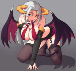 Rule 34 | 1girl, arm support, bad id, bad pixiv id, bare shoulders, black garter belt, black thighhighs, breasts, bridal gauntlets, cleavage, covered erect nipples, demon girl, demon wings, elbow gloves, full body, garter belt, garter straps, gloves, gradient background, grey hair, grey thighhighs, highres, horns, huge breasts, kisaragi yakumo, kneeling, licking, licking finger, long hair, mole, mole under mouth, naughty face, original, red eyes, saliva, solo, tail, thighhighs, tongue, wings