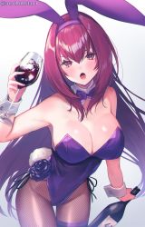 Rule 34 | 1girl, :o, animal ears, blush, bottle, breasts, cup, detached collar, drinking glass, drunk, fake animal ears, fate/grand order, fate (series), fishnet pantyhose, fishnets, hair intakes, hairband, highres, large breasts, leotard, official alternate costume, pantyhose, playboy bunny, purple hair, purple hairband, purple leotard, red eyes, scathach (fate), scathach (piercing bunny) (fate), solo, strapless, strapless leotard, suzuho hotaru, wine bottle, wine glass