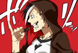 Rule 34 | 1girl, anger vein, angry, black hair, black hood, cross, cross necklace, eating, food, heart, hood, hood up, hooded jacket, jacket, jewelry, kamezaemon, multicolored hair, necklace, original, pinky out, pocky, red background, solo, two-tone hair, veins, white hair