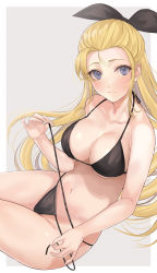 Rule 34 | 1girl, assam (girls und panzer), bad id, bad pixiv id, bare arms, bare shoulders, bikini, black bikini, black ribbon, blonde hair, blush, border, breasts, character request, check character, cleavage, closed mouth, collarbone, forehead, girls und panzer, grey background, hair ribbon, highres, large breasts, long hair, looking at viewer, mexif, navel, outside border, purple eyes, ribbon, simple background, sitting, smile, solo, stomach, swimsuit, untied bikini, very long hair, white border