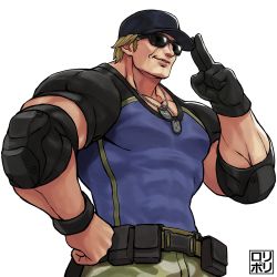 Rule 34 | 1boy, black hat, blouse, blue shirt, clark still, gloves, hand on own hip, hat, highres, jamrolypoly, jewelry, male focus, military, military uniform, muscular, muscular male, necklace, pocket, salute, shirt, simple background, solo, sunglasses, the king of fighters, the king of fighters xv, uniform, white background