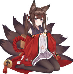 Rule 34 | 1girl, absurdres, amagi-chan (azur lane), animal ears, azur lane, black pantyhose, blunt bangs, brown hair, commentary request, detached sleeves, eyes visible through hair, fox ears, fox girl, fox tail, hair ribbon, head tilt, highres, japanese clothes, kitsune, kuyoumi, kyuubi, long hair, looking at viewer, manjuu (azur lane), multiple tails, no shoes, pantyhose, purple eyes, ribbon, rope, sidelocks, simple background, sitting, smile, solo, tail, thick eyebrows, twintails, wariza, white background, wide sleeves