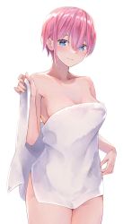 Rule 34 | 1girl, absurdres, bare arms, bare shoulders, blue eyes, blush, breasts, cleavage, closed mouth, collarbone, cowboy shot, earrings, eyebrows hidden by hair, go-toubun no hanayome, highres, holding, jewelry, looking at viewer, medium breasts, nakano ichika, naked towel, pink hair, short hair, simple background, smile, solo, stud earrings, towel, white background, yuunamida uyu