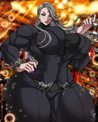 Rule 34 | 1girl, absurdres, breasts, cuffs, curvy, earrings, female focus, green hair, hand on own hip, handcuffs, highres, huge breasts, jewelry, long hair, looking at viewer, muscular, muscular female, nail polish, niijima sae, osmar-shotgun, persona, persona 5, solo, thick thighs, thighs, wide hips