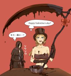 Rule 34 | 1boy, 1girl, arizuka (catacombe), bandeau, bare shoulders, black hair, bloodborne, blue eyes, braid, breasts, brown capelet, brown gloves, brown headwear, capelet, character request, chocolate, cleavage, collarbone, commentary request, cowboy shot, drooling, english text, facing viewer, gloves, hair over one eye, happy valentine, hat, highres, holding, holding scythe, holding weapon, hood, hood up, huge weapon, hunter (bloodborne), japanese text, large breasts, long hair, looking at another, looking up, midriff, motion lines, navel, open mouth, pink background, red background, red ribbon, ribbon, scythe, simple background, table, teeth, thought bubble, top hat, translation request, upper teeth only, weapon