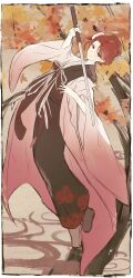 Rule 34 | 1girl, absurdres, black kimono, bungou stray dogs, closed mouth, full body, grey footwear, hair ornament, hand up, haori, highres, holding, holding sword, holding weapon, japanese clothes, jellyfish sz, kimono, looking at viewer, ozaki kouyou (bungou stray dogs), red eyes, red hair, shoes, short hair, smile, solo, sword, weapon, wide sleeves