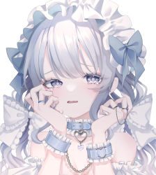 Rule 34 | 1girl, blue bow, bow, collar, crying, cuffs, fang, frilled bow, frilled collar, frilled hairband, frills, hair bow, hairband, hands up, heart, heart collar, highres, jewelry, long hair, looking at viewer, open mouth, original, pizaya (user jxxe5233), purple eyes, ring, silver hair, simple background, skin fang, solo, strapless, tears, upper body, wavy hair, white background, white bow