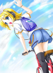 Rule 34 | ayakaze ryuushou, bag, bicycle, blonde hair, blue eyes, headphones, kagamine rin, open mouth, short hair, solo, thighhighs, vocaloid, waving